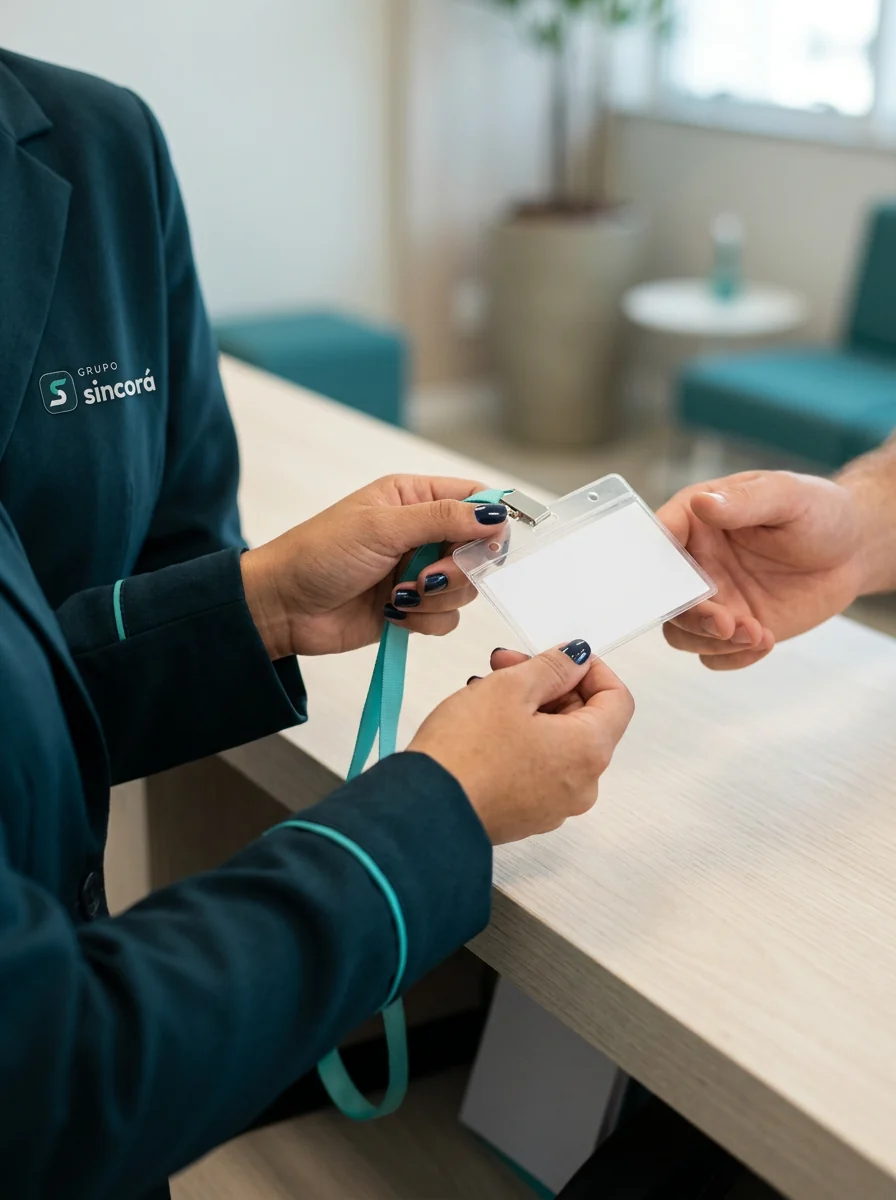 Recepcionista do Grupo Sincorá entregando crachá a um visitante