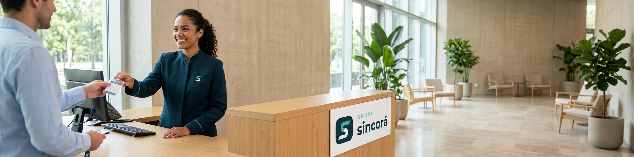 Recepcionista do Grupo Sincorá entregando crachá a um visitante na recepção